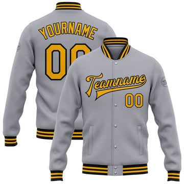 FUNSTUFFPRINT Custom Gray Gold-Black Bomber Full-Snap Varsity Letterman Jacket 3D Baseball Jacket