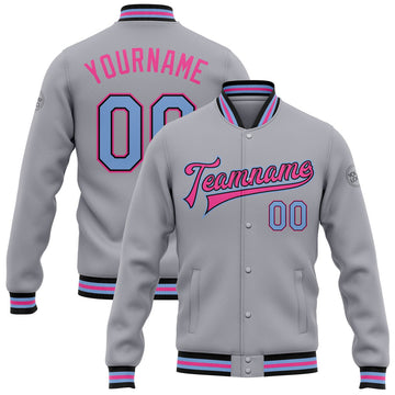 FUNSTUFFPRINT Custom Gray Light Blue Black-Pink Bomber Full-Snap Varsity Letterman Jacket 3D Baseball Jacket