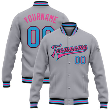 FUNSTUFFPRINT Custom Gray Sky Blue Black-Pink Bomber Full-Snap Varsity Letterman Jacket 3D Baseball Jacket