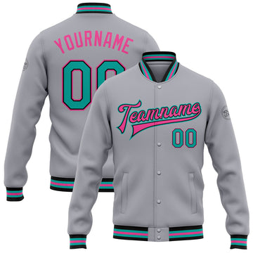 FUNSTUFFPRINT Custom Gray Aqua Black-Pink Bomber Full-Snap Varsity Letterman Jacket 3D Baseball Jacket