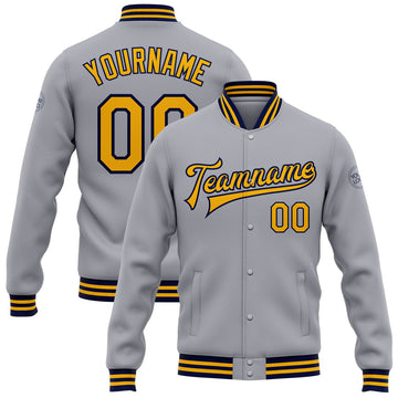 FUNSTUFFPRINT Custom Gray Gold-Navy Bomber Full-Snap Varsity Letterman Jacket 3D Baseball Jacket