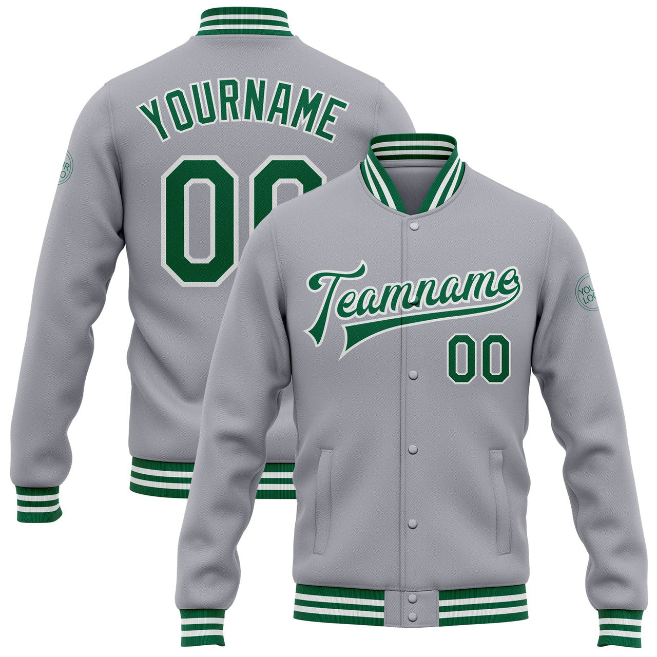 FUNSTUFFPRINT Custom Gray Kelly Green-White Bomber Full-Snap Varsity Letterman Jacket 3D Baseball Jacket