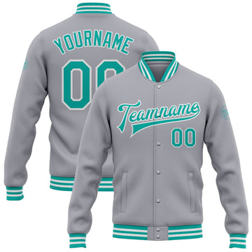 FUNSTUFFPRINT Custom Gray Aqua-White Bomber Full-Snap Varsity Letterman Jacket 3D Baseball Jacket
