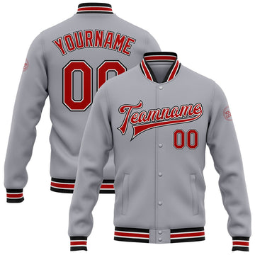 FUNSTUFFPRINT Custom Gray Red-Black Bomber Full-Snap Varsity Letterman Jacket 3D Baseball Jacket