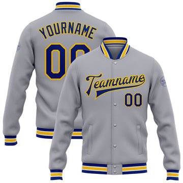 FUNSTUFFPRINT Custom Gray Royal-Yellow Bomber Full-Snap Varsity Letterman Jacket 3D Baseball Jacket