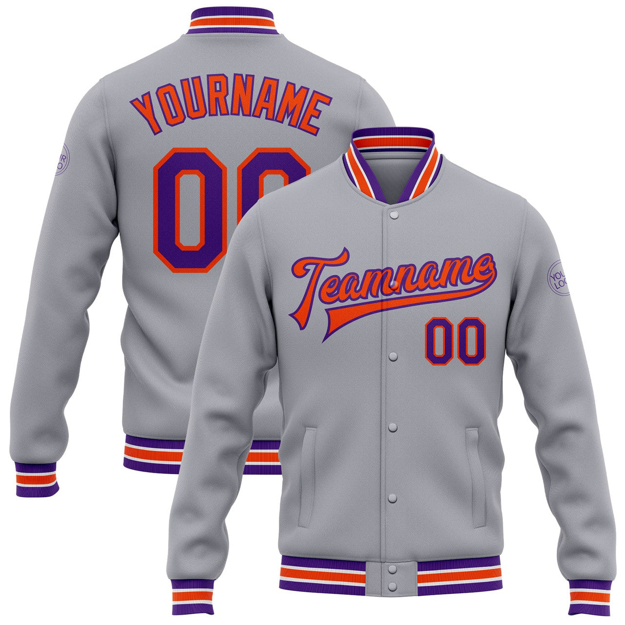 FUNSTUFFPRINT Custom Gray Purple-Orange Bomber Full-Snap Varsity Letterman Jacket 3D Baseball Jacket