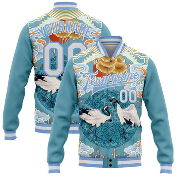 FUNSTUFFPRINT Custom Light Blue White Heron And Cloud 3D Pattern Design Bomber Full-Snap Varsity Letterman Jacket 3D Baseball Jacket