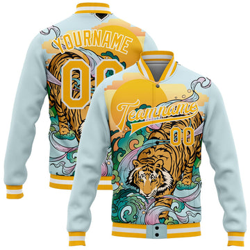 FUNSTUFFPRINT Custom Lakes Blue Gold-White Tiger 3D Pattern Design Bomber Full-Snap Varsity Letterman Jacket 3D Baseball Jacket