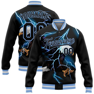 FUNSTUFFPRINT Custom Black Light Blue-White Lightning Eagle 3D Pattern Design Bomber Full-Snap Varsity Letterman Jacket 3D Baseball Jacket