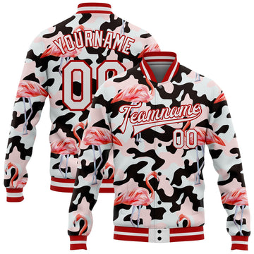 FUNSTUFFPRINT Custom Camo White-Red Flamingo 3D Pattern Design Bomber Full-Snap Varsity Letterman Salute To Service Jacket 3D Baseball Jacket