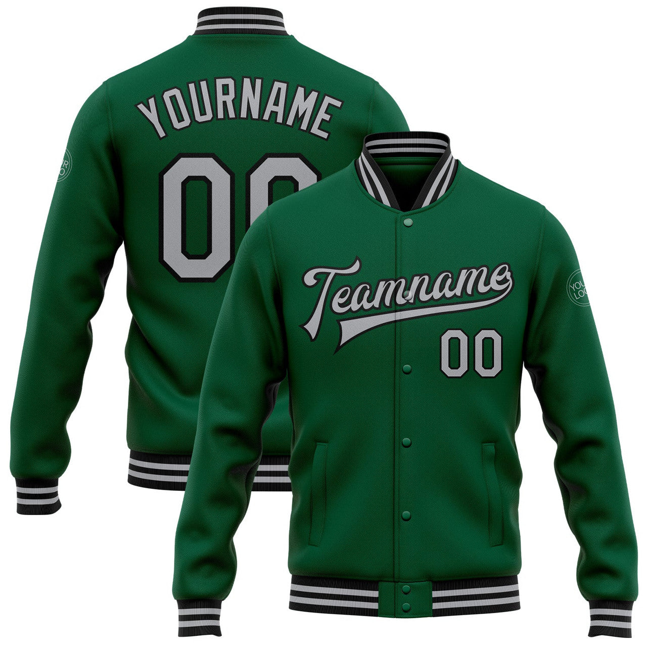 FUNSTUFFPRINT Custom Kelly Green Gray-Black Bomber Full-Snap Varsity Letterman Jacket 3D Baseball Jacket