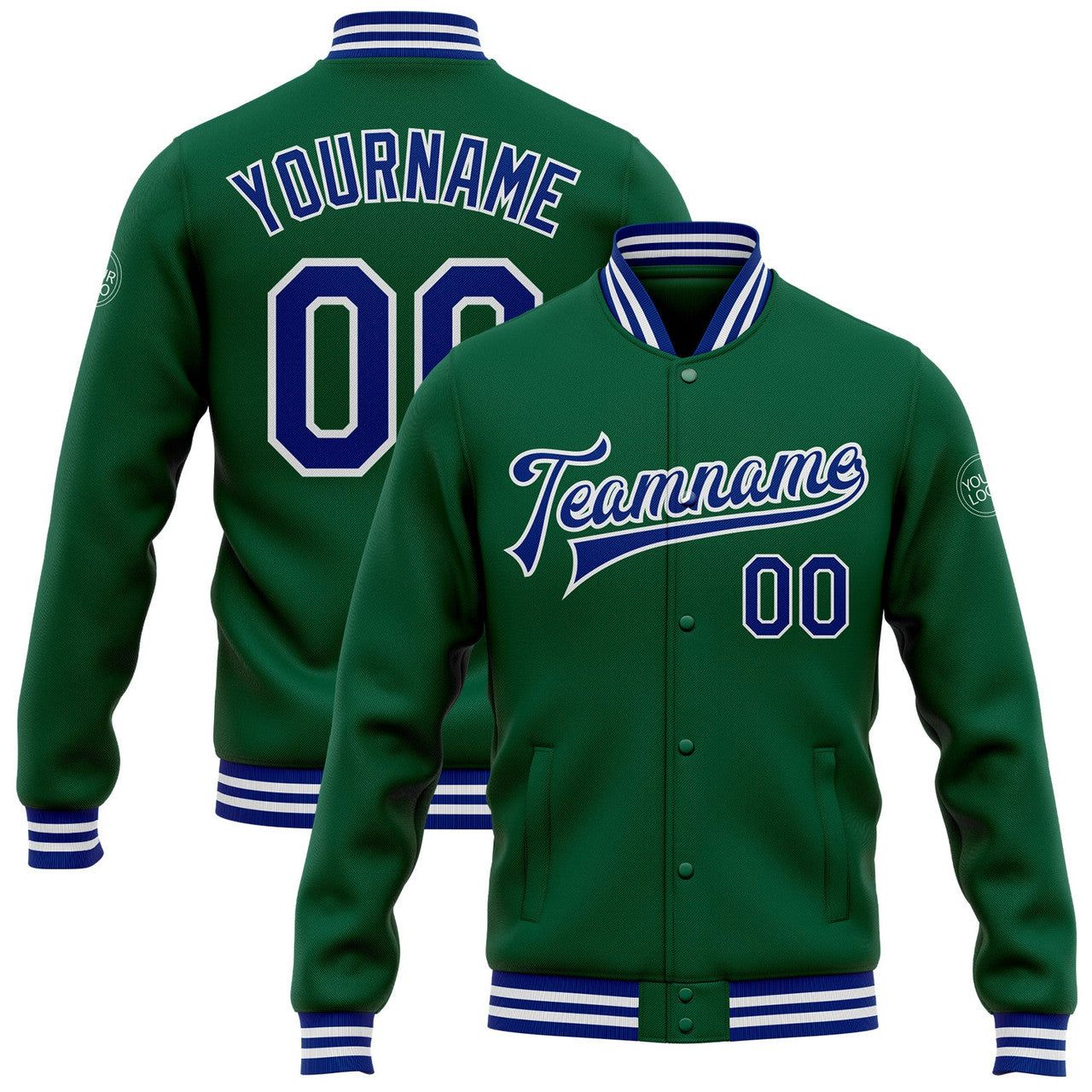 FUNSTUFFPRINT Custom Kelly Green Royal-White Bomber Full-Snap Varsity Letterman Jacket 3D Baseball Jacket