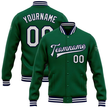 FUNSTUFFPRINT Custom Kelly Green White-Navy Bomber Full-Snap Varsity Letterman Jacket 3D Baseball Jacket