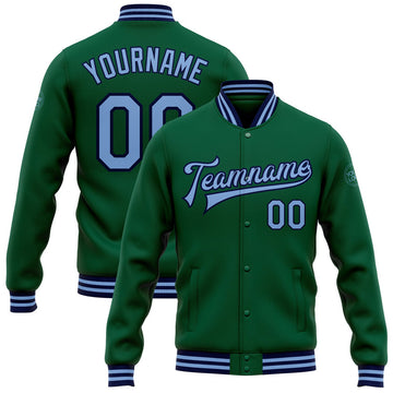FUNSTUFFPRINT Custom Kelly Green Light Blue-Navy Bomber Full-Snap Varsity Letterman Jacket 3D Baseball Jacket