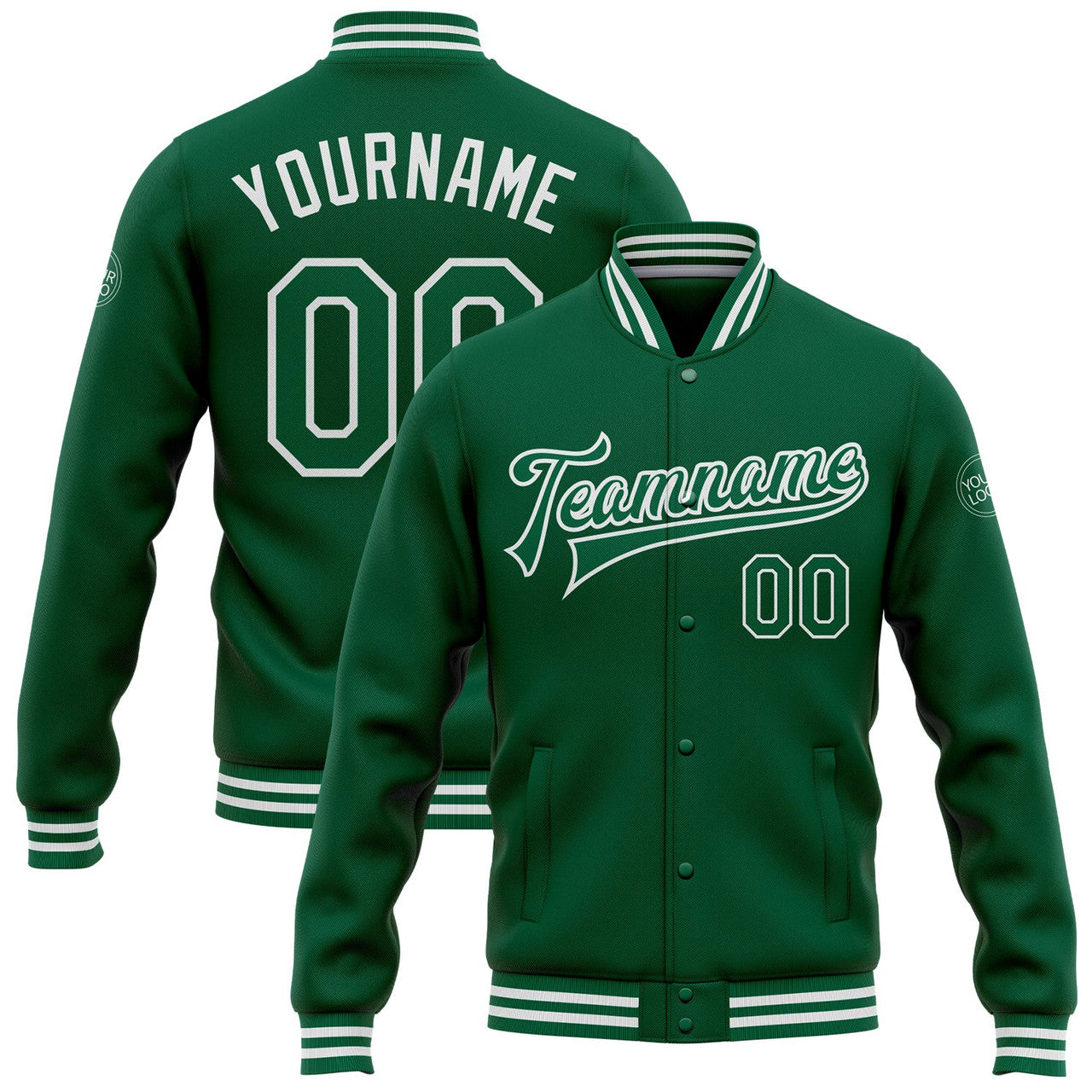 FUNSTUFFPRINT Custom Kelly Green White Bomber Full-Snap Varsity Letterman Jacket