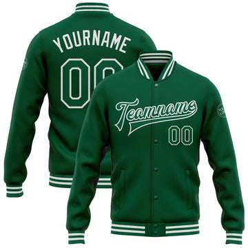 FUNSTUFFPRINT Custom Kelly Green White Bomber Full-Snap Varsity Letterman Jacket