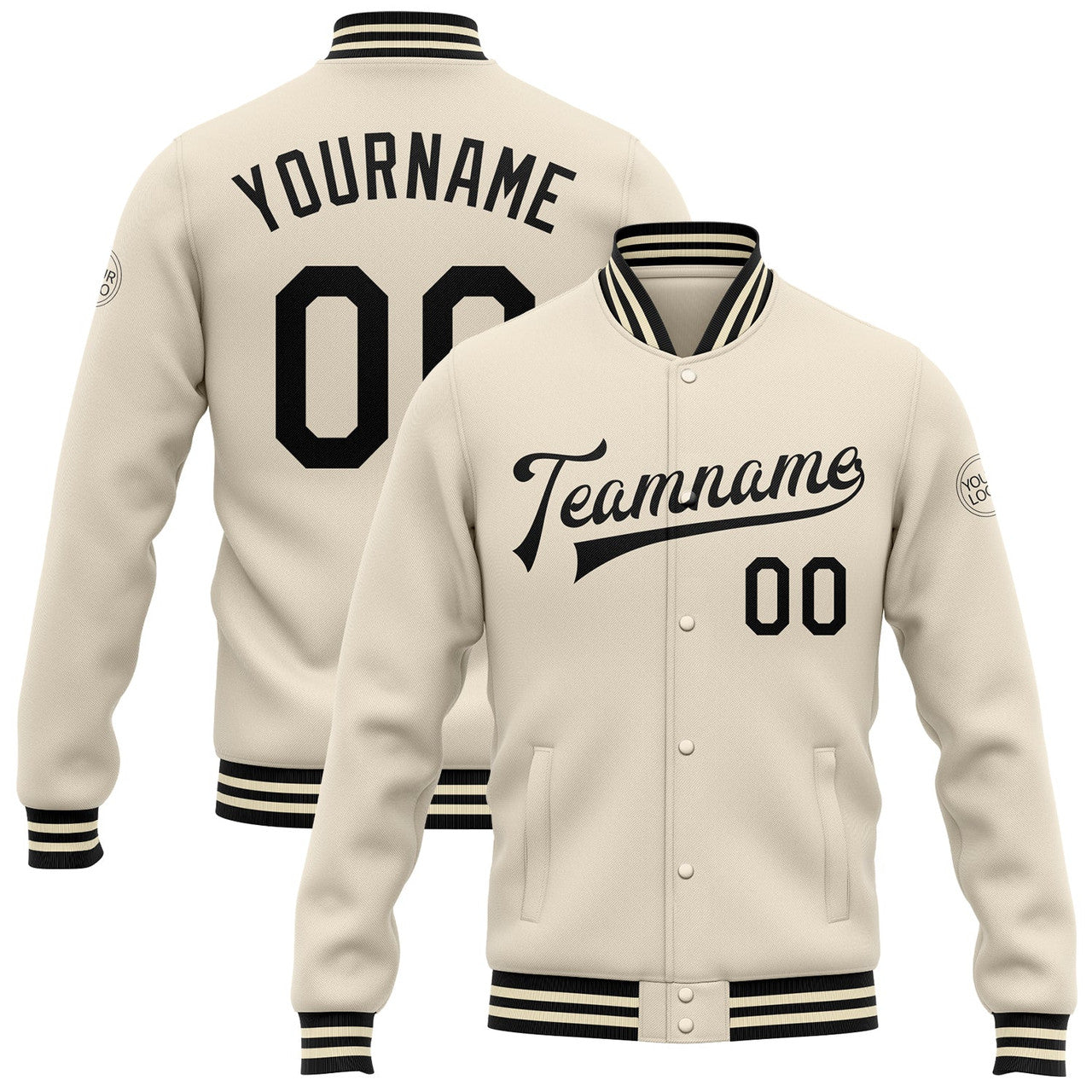 FUNSTUFFPRINT Custom Cream Black Bomber Full-Snap Varsity Letterman Jacket 3D Baseball Jacket