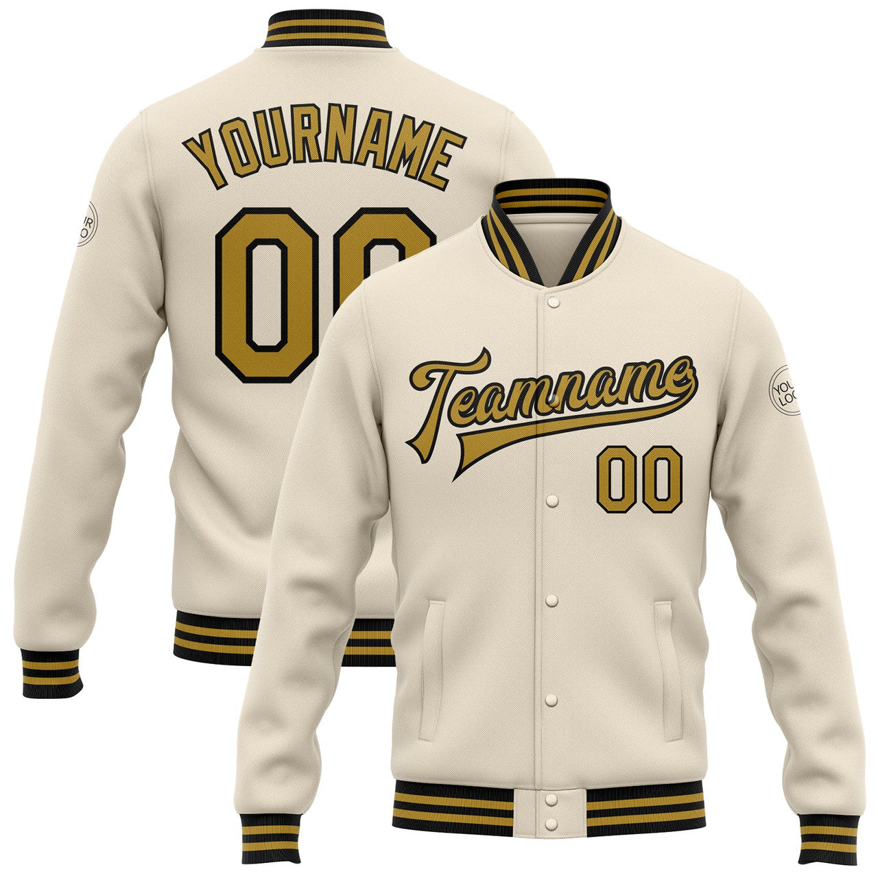 FUNSTUFFPRINT Custom Cream Old Gold-Black Bomber Full-Snap Varsity Letterman Jacket 3D Baseball Jacket