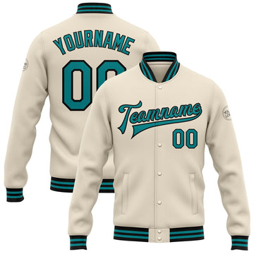 FUNSTUFFPRINT Custom Cream Teal-Black Bomber Full-Snap Varsity Letterman Jacket 3D Baseball Jacket