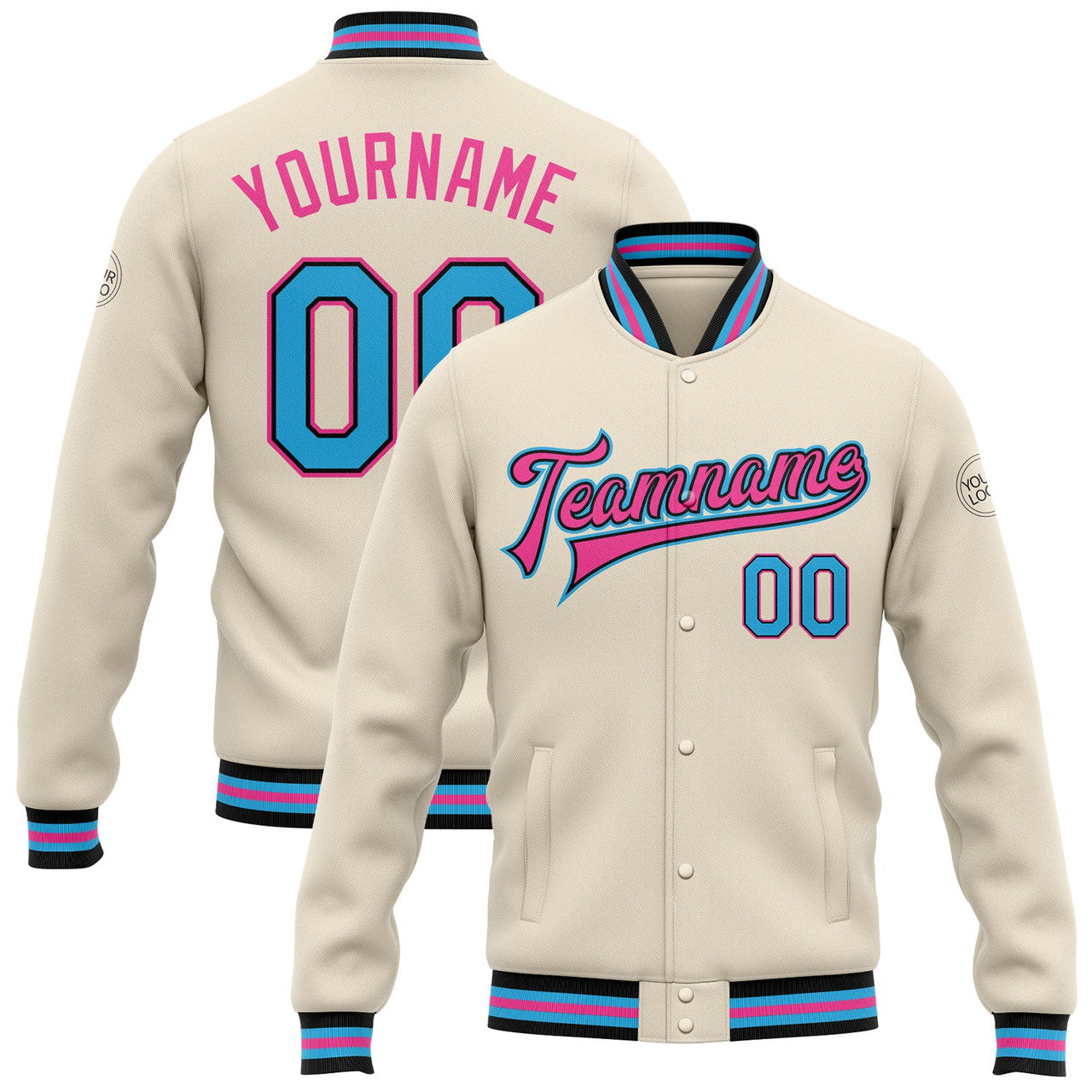 FUNSTUFFPRINT Custom Cream Sky Blue Black-Pink Bomber Full-Snap Varsity Letterman Jacket 3D Baseball Jacket