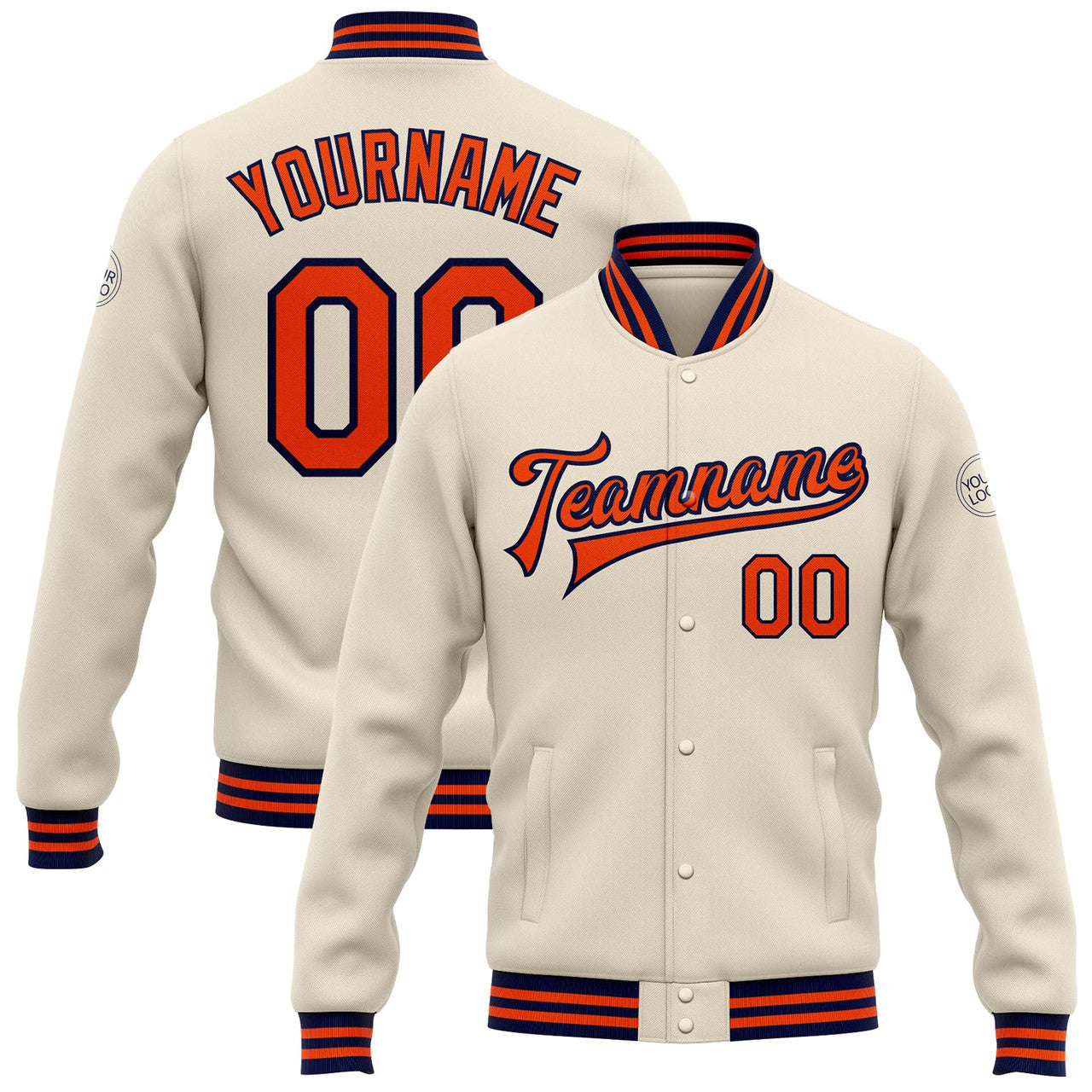 FUNSTUFFPRINT Custom Cream Orange-Navy Bomber Full-Snap Varsity Letterman Jacket 3D Baseball Jacket