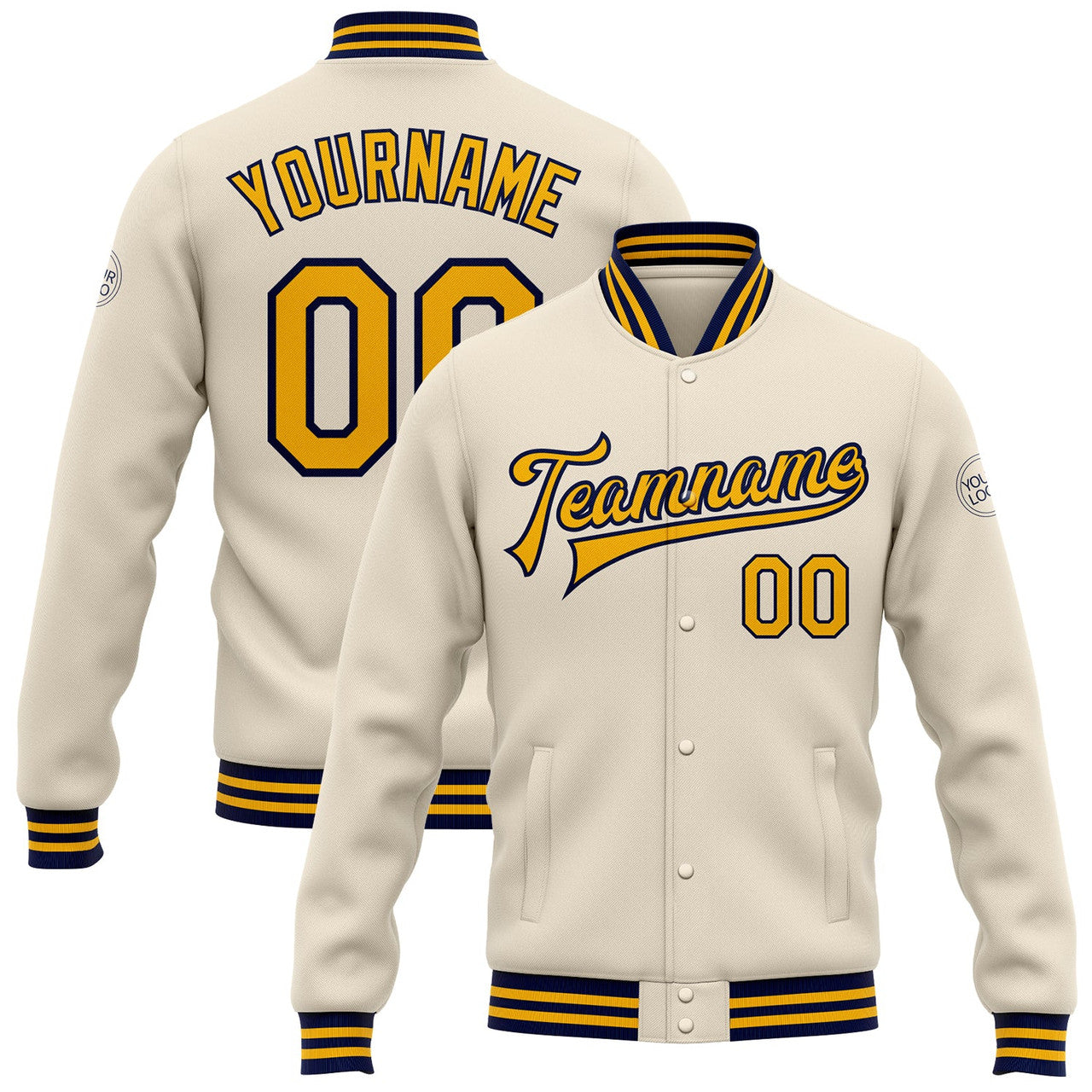 FUNSTUFFPRINT Custom Cream Gold-Navy Bomber Full-Snap Varsity Letterman Jacket 3D Baseball Jacket