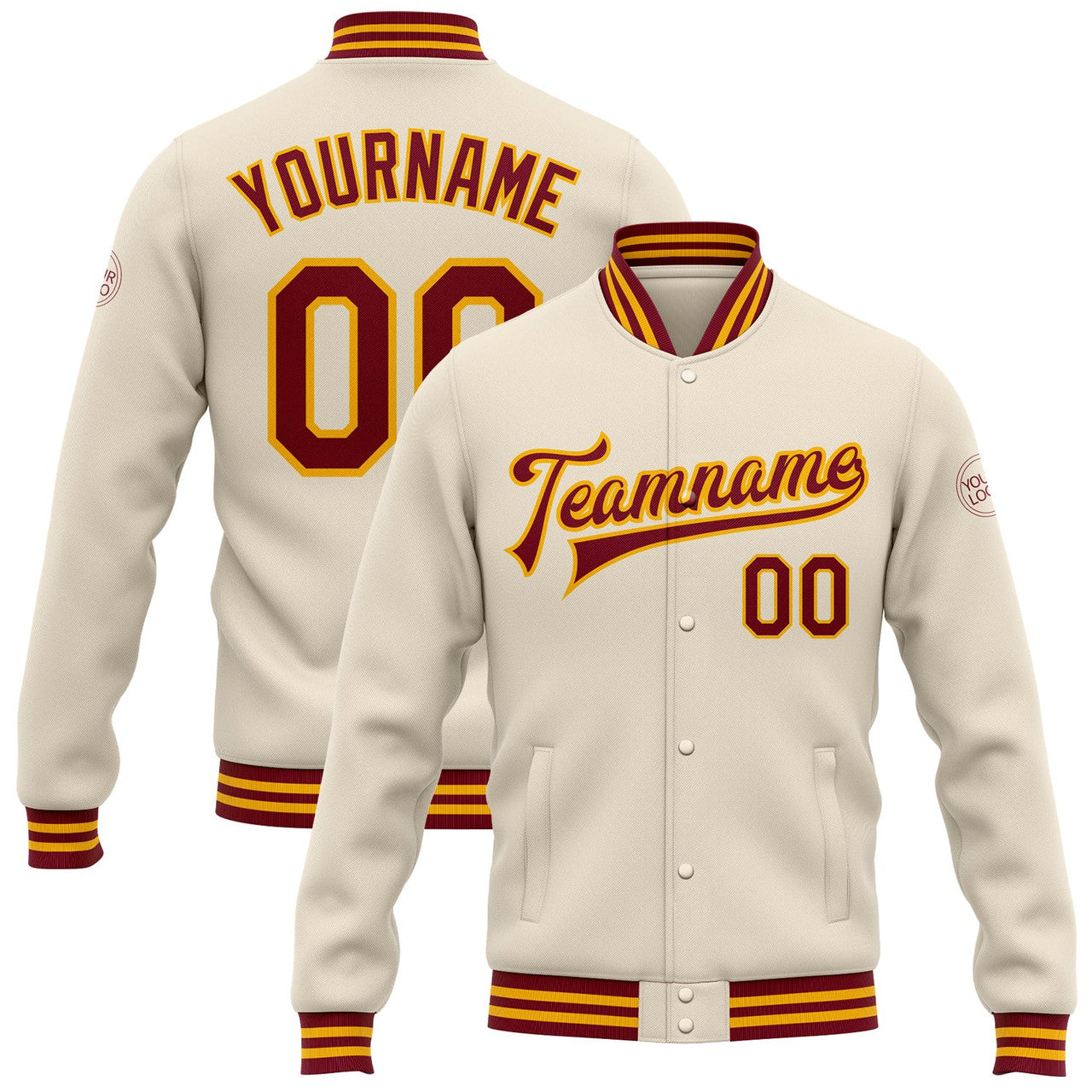 FUNSTUFFPRINT Custom Cream Crimson-Gold Bomber Full-Snap Varsity Letterman Jacket 3D Baseball Jacket