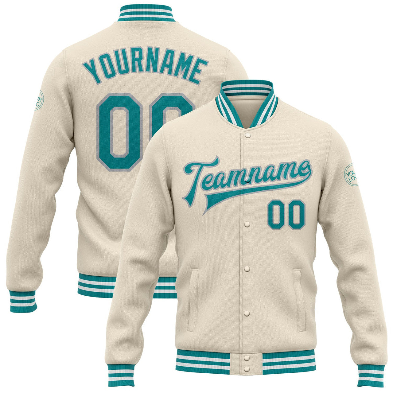 FUNSTUFFPRINT Custom Cream Teal-Gray Bomber Full-Snap Varsity Letterman Jacket 3D Baseball Jacket