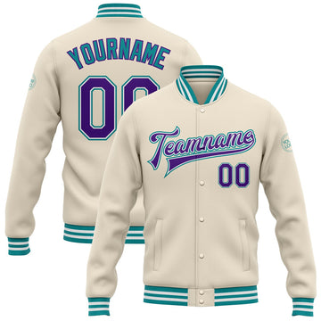 FUNSTUFFPRINT Custom Cream Purple-Teal Bomber Full-Snap Varsity Letterman Jacket 3D Baseball Jacket