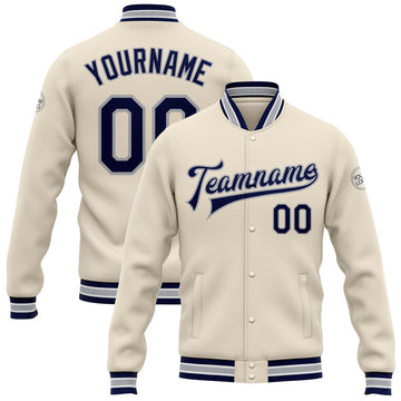 FUNSTUFFPRINT Custom Cream Navy-Gray Bomber Full-Snap Varsity Letterman Jacket 3D Baseball Jacket