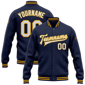 FUNSTUFFPRINT Custom Navy White-Gold Bomber Full-Snap Varsity Letterman Jacket 3D Baseball Jacket