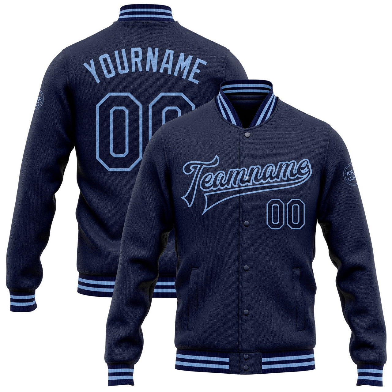 FUNSTUFFPRINT Custom Navy Light Blue Bomber Full-Snap Varsity Letterman Jacket 3D Baseball Jacket