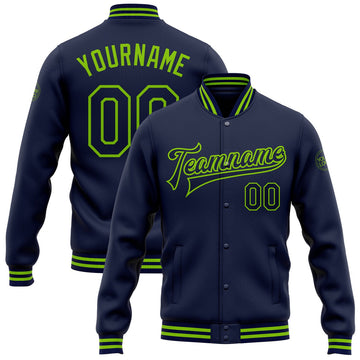 FUNSTUFFPRINT Custom Navy Neon Green Bomber Full-Snap Varsity Letterman Jacket 3D Baseball Jacket