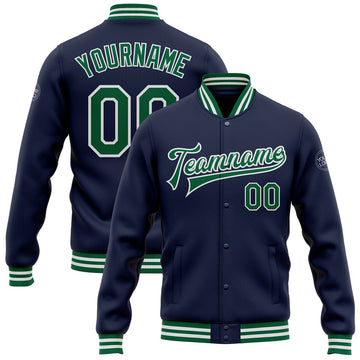 FUNSTUFFPRINT Custom Navy Kelly Green-White Bomber Full-Snap Varsity Letterman Jacket 3D Baseball Jacket