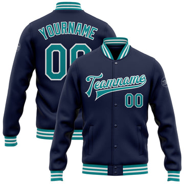 FUNSTUFFPRINT Custom Navy Teal-White Bomber Full-Snap Varsity Letterman Jacket 3D Baseball Jacket