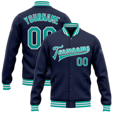 FUNSTUFFPRINT Custom Navy Aqua-White Bomber Full-Snap Varsity Letterman Jacket 3D Baseball Jacket