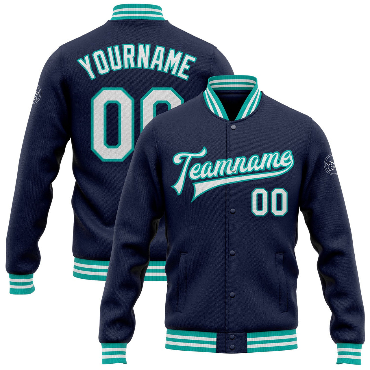 FUNSTUFFPRINT Custom Navy White-Aqua Bomber Full-Snap Varsity Letterman Jacket 3D Baseball Jacket