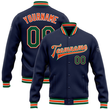 FUNSTUFFPRINT Custom Navy Kelly Green-Orange Bomber Full-Snap Varsity Letterman Jacket 3D Baseball Jacket