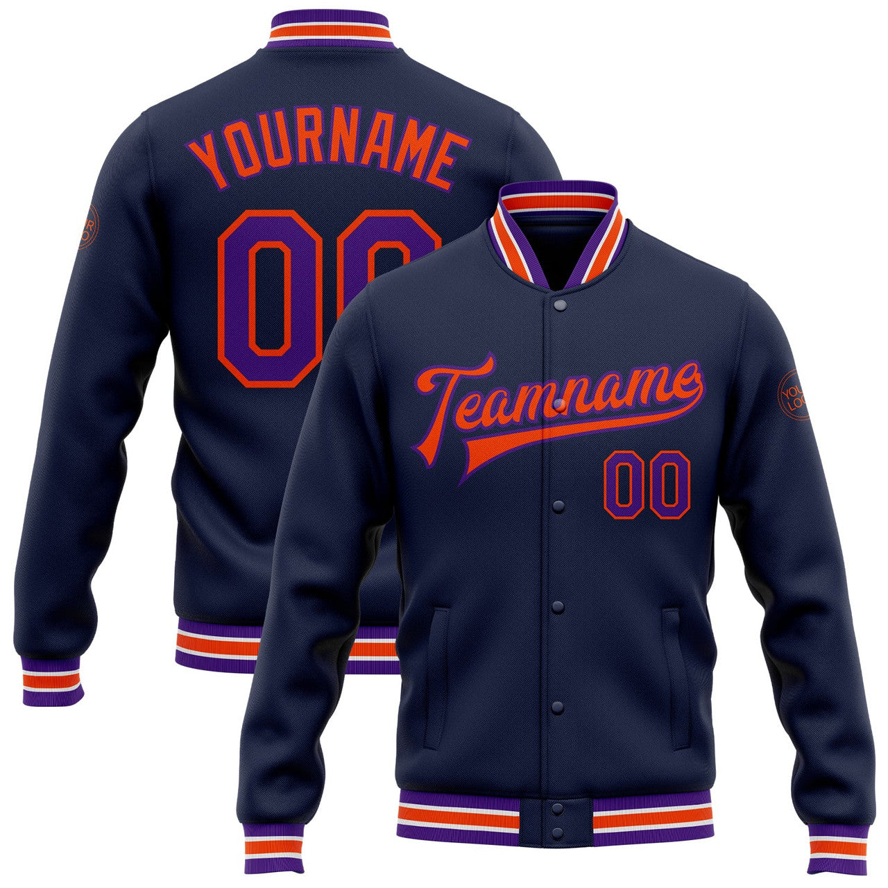 FUNSTUFFPRINT Custom Navy Purple-Orange Bomber Full-Snap Varsity Letterman Jacket 3D Baseball Jacket