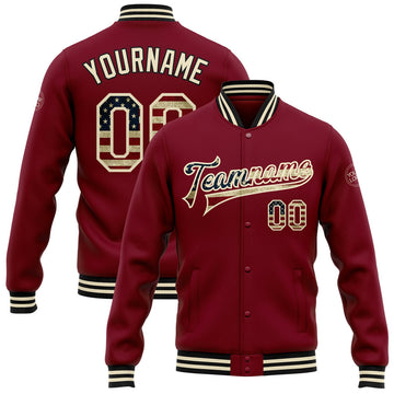 FUNSTUFFPRINT Custom Crimson Vintage USA Flag Cream-Black Bomber Full-Snap Varsity Letterman Jacket 3D Baseball Jacket
