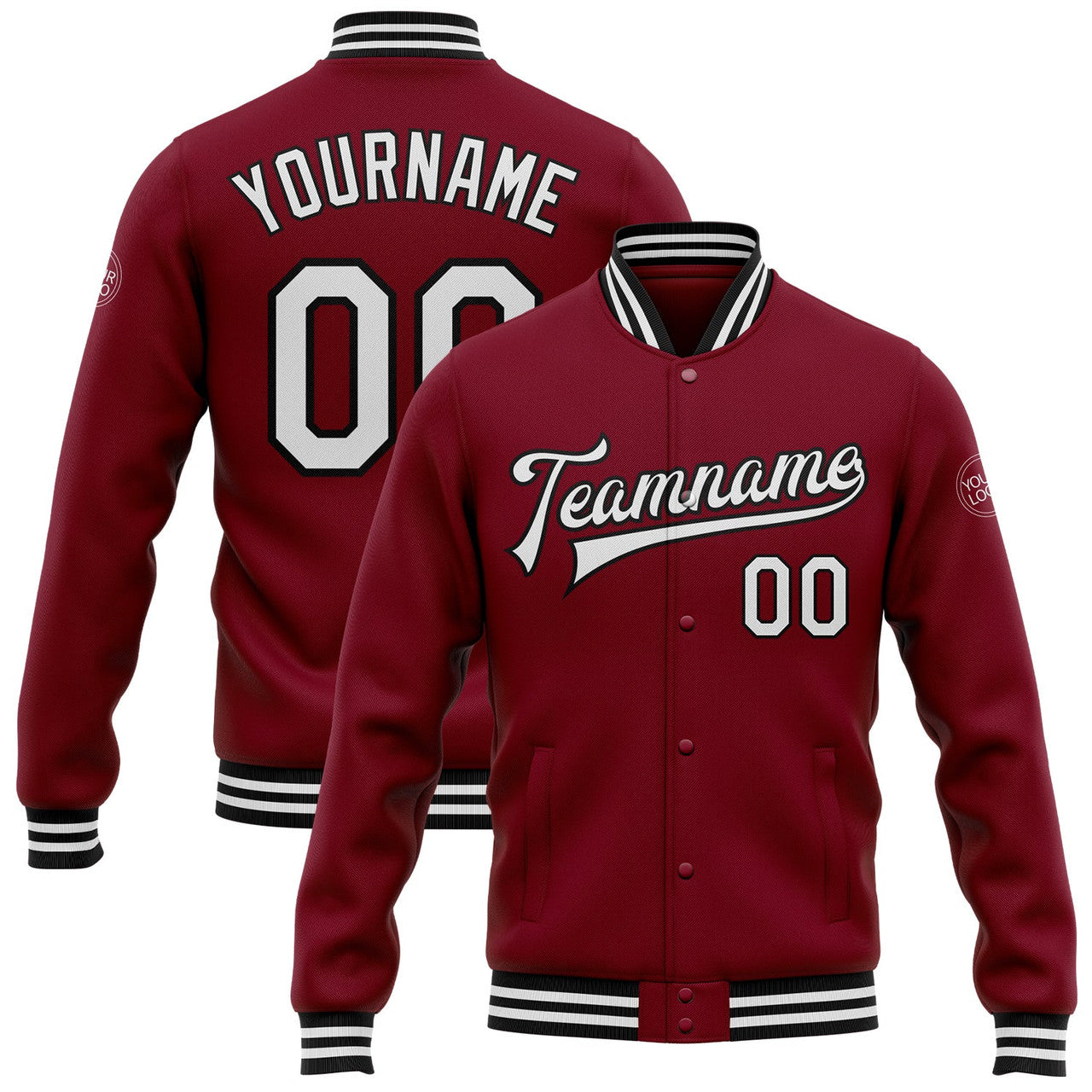 FUNSTUFFPRINT Custom Crimson White-Black Bomber Full-Snap Varsity Letterman Jacket 3D Baseball Jacket