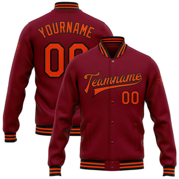 FUNSTUFFPRINT Custom Crimson Orange-Black Bomber Full-Snap Varsity Letterman Jacket 3D Baseball Jacket
