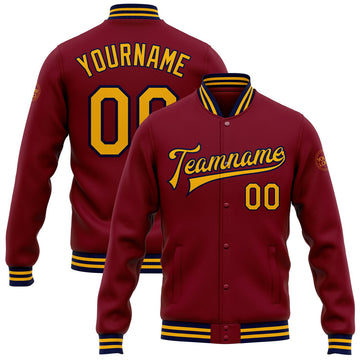 FUNSTUFFPRINT Custom Crimson Gold-Navy Bomber Full-Snap Varsity Letterman Jacket 3D Baseball Jacket