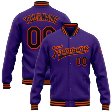 FUNSTUFFPRINT Custom Purple Black-Orange Bomber Full-Snap Varsity Letterman Jacket 3D Baseball Jacket