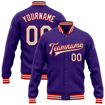 FUNSTUFFPRINT Custom Purple White-Red Bomber Full-Snap Varsity Letterman Jacket 3D Baseball Jacket