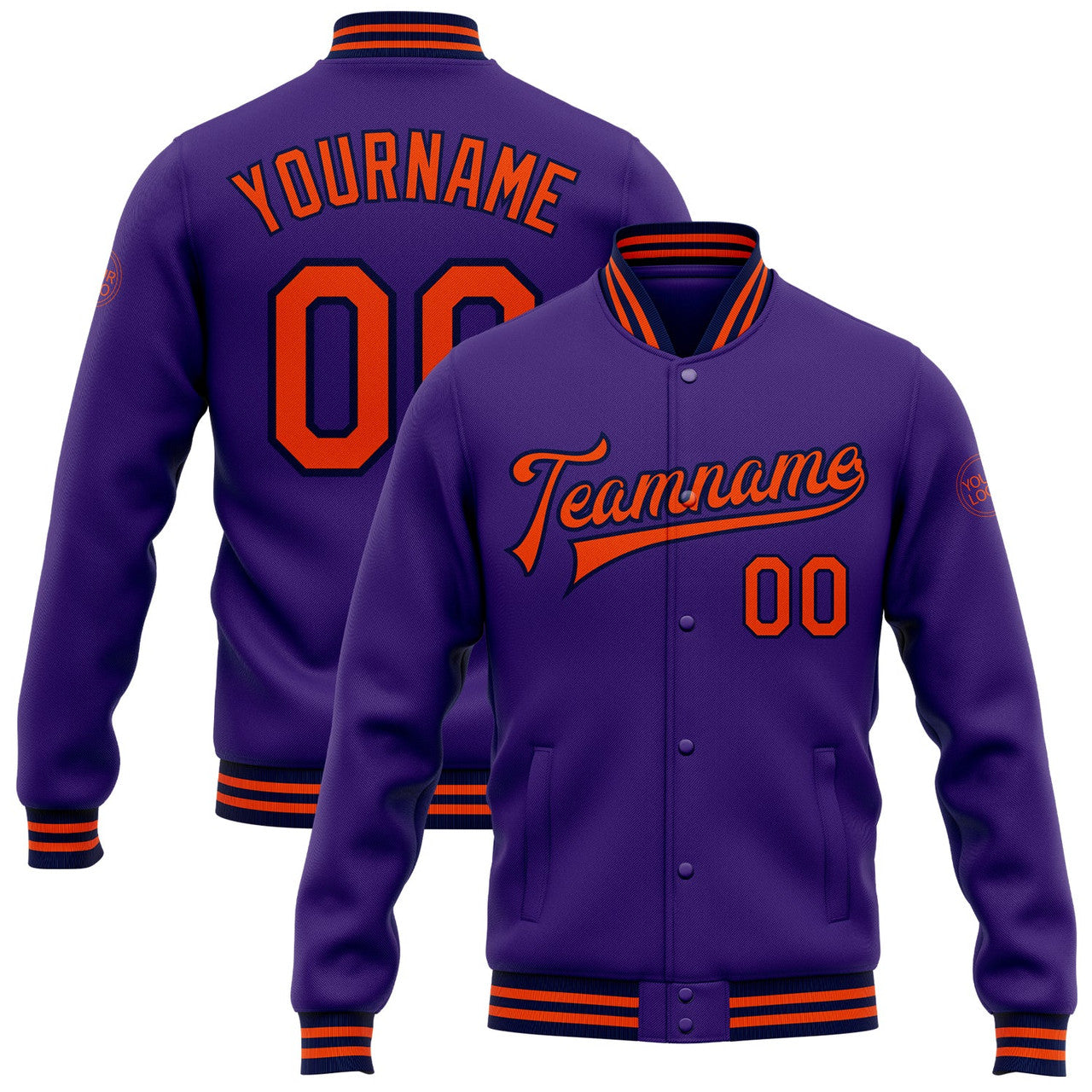 FUNSTUFFPRINT Custom Purple Orange-Navy Bomber Full-Snap Varsity Letterman Jacket 3D Baseball Jacket