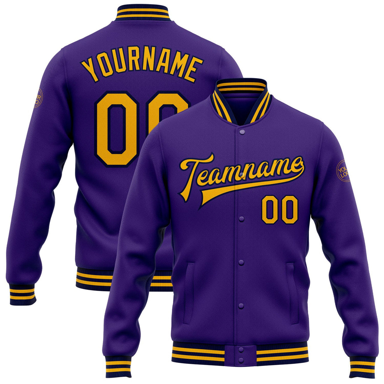 FUNSTUFFPRINT Custom Purple Gold-Navy Bomber Full-Snap Varsity Letterman Jacket 3D Baseball Jacket
