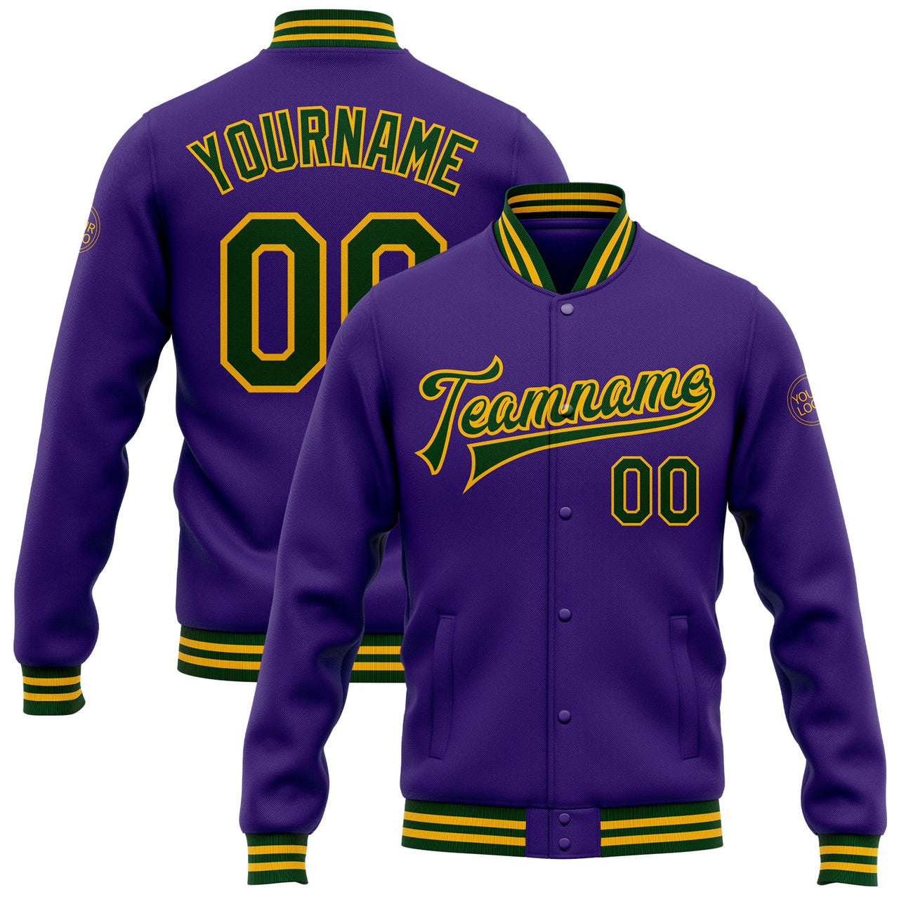 FUNSTUFFPRINT Custom Purple Green-Gold Bomber Full-Snap Varsity Letterman Jacket 3D Baseball Jacket