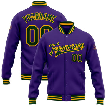 FUNSTUFFPRINT Custom Purple Green-Gold Bomber Full-Snap Varsity Letterman Jacket 3D Baseball Jacket