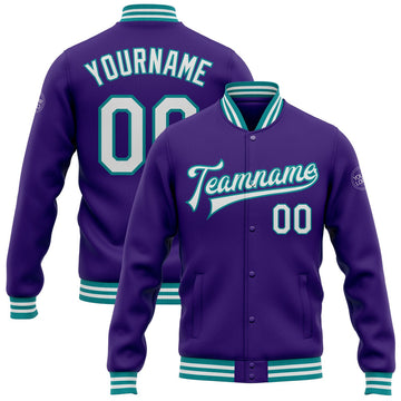 FUNSTUFFPRINT Custom Purple White-Teal Bomber Full-Snap Varsity Letterman Jacket 3D Baseball Jacket